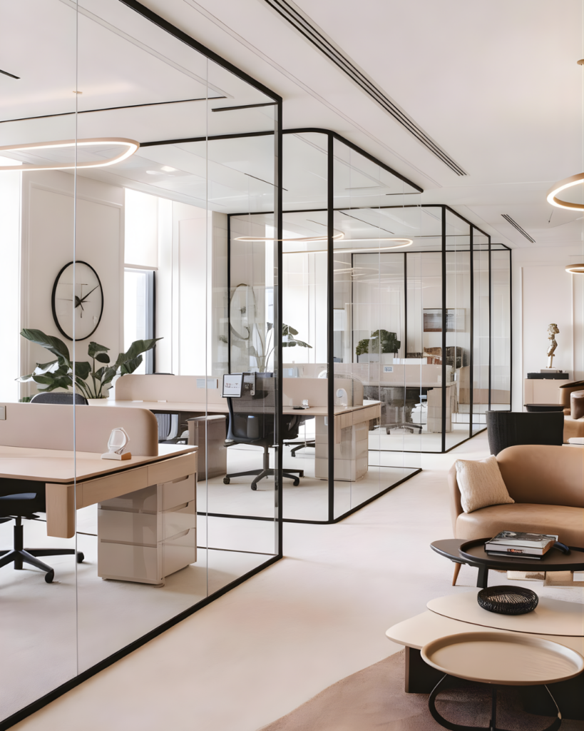 glass partition in office spaces, office spaces designs, commercial interior design