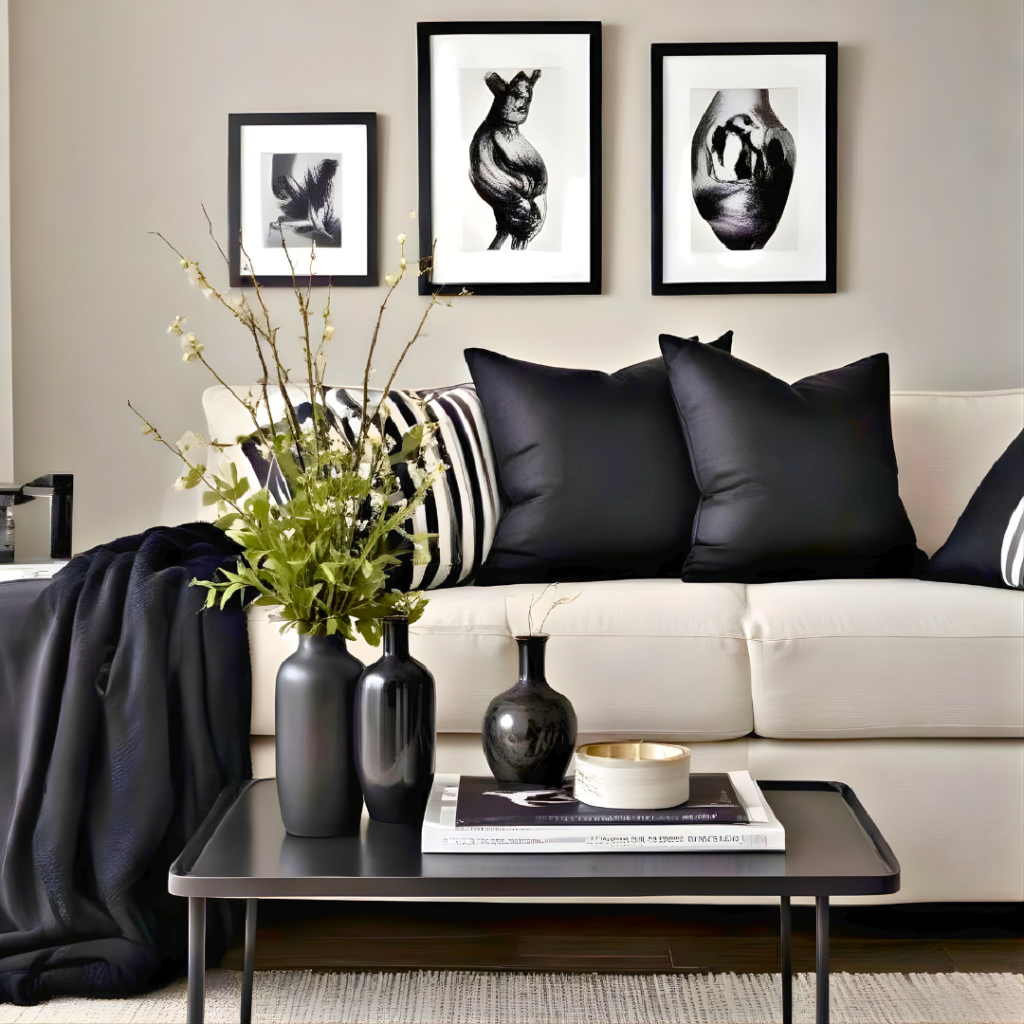 Black Accents Interior Design, Living Room, Monochrome Design, Luxury and Modern Living Room Interior