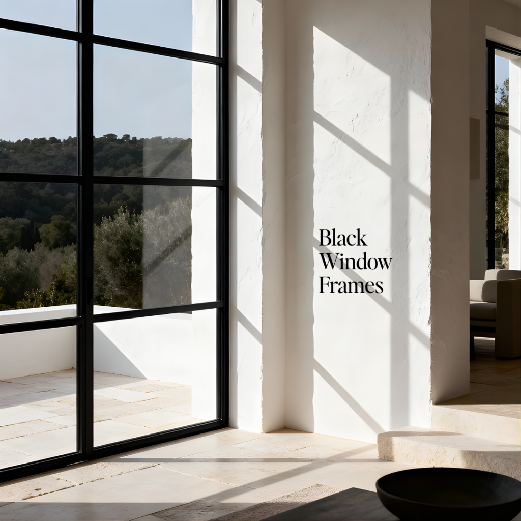 Black Accents Interior Design, Living Room, Monochrome Design, Luxury and Modern Living Room Interior, Black Window Frames