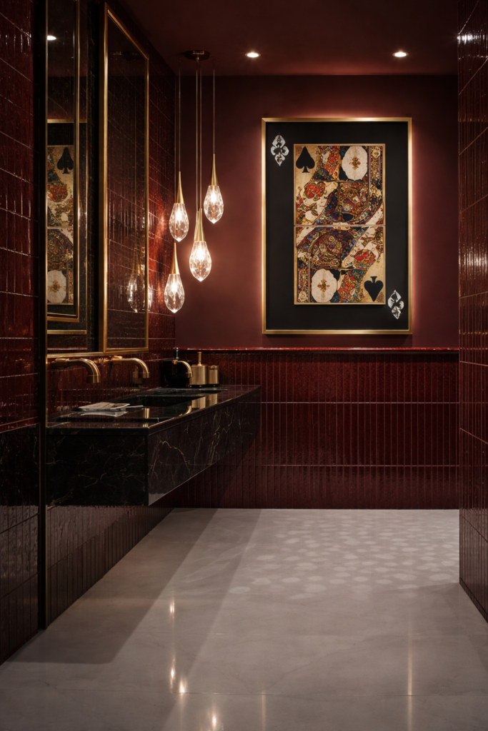 Moody luxury powder room by Heather Robinson Designs featuring deep burgundy tile, sculptural pendant lighting, brass accents, and bold framed artwork, showing how to add personality to a home through rich color, dramatic materials, and curated statement pieces.