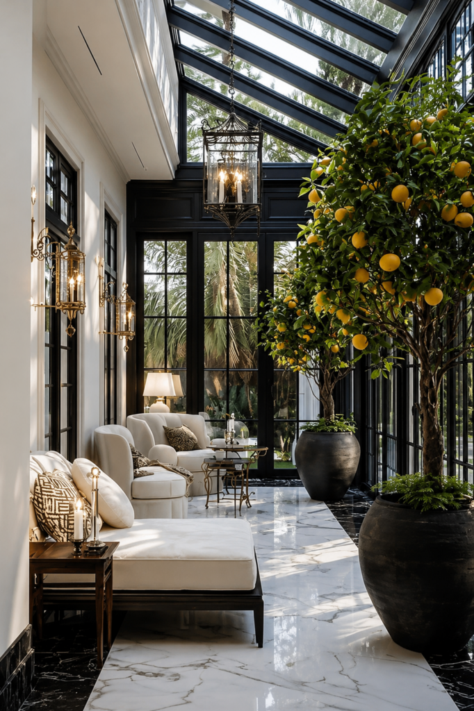 Elegant sunroom with soaring black-framed glass ceilings, marble floors, citrus trees, and classic lounge seating, illustrating how to add personality to a home through natural elements, dramatic architecture, and layered luxury details.